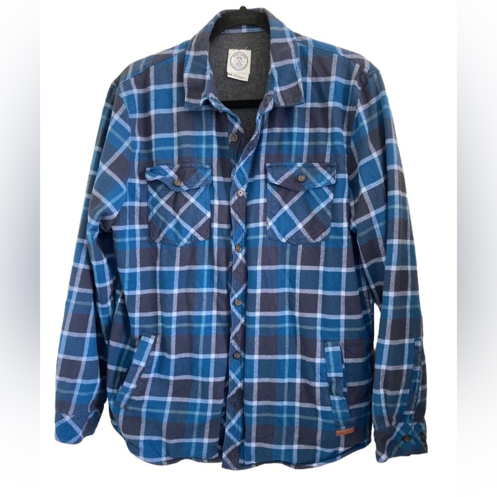 Voyager Shirt Mens M Button Up Flannel Blue Plaid Thermal Lined Long Sleeve